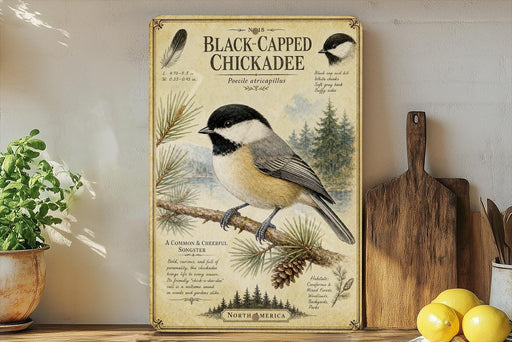 A vintage-style illustration of a black-capped chickadee, featuring detailed text and illustrations of the bird perched on a pine branch.