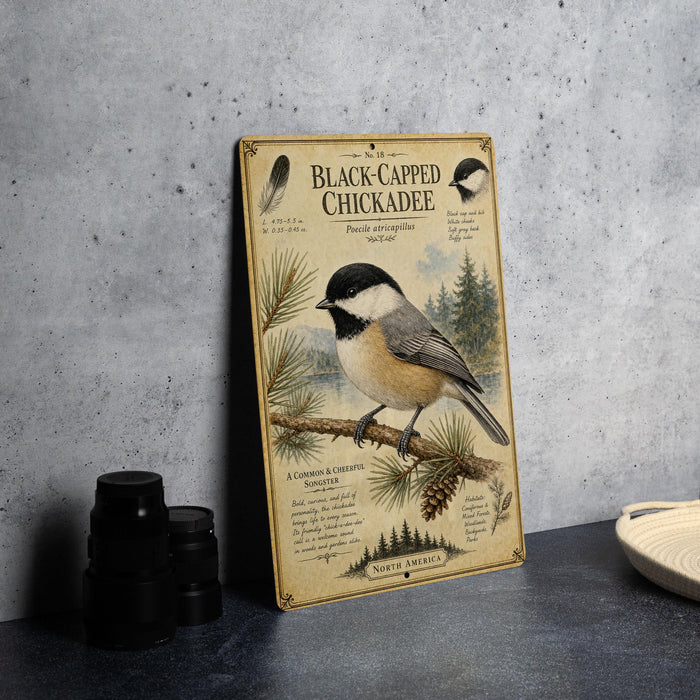 a vintage-style illustration of a black-capped chickadee perched on a branch, accompanied by text and illustrations related to the bird.