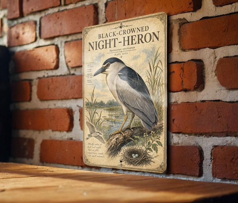 a vintage-style metal sign with a black-crowned night-heron illustration, mounted on a brick wall.