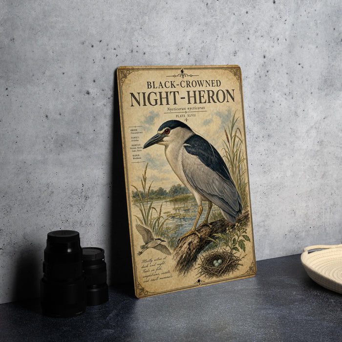 a vintage-style poster of a black-crowned night-heron, with a detailed illustration of the bird perched on a branch and a nest nearby. The poster is placed on a gray wall, and there are some black camera lenses visible in the foreground.