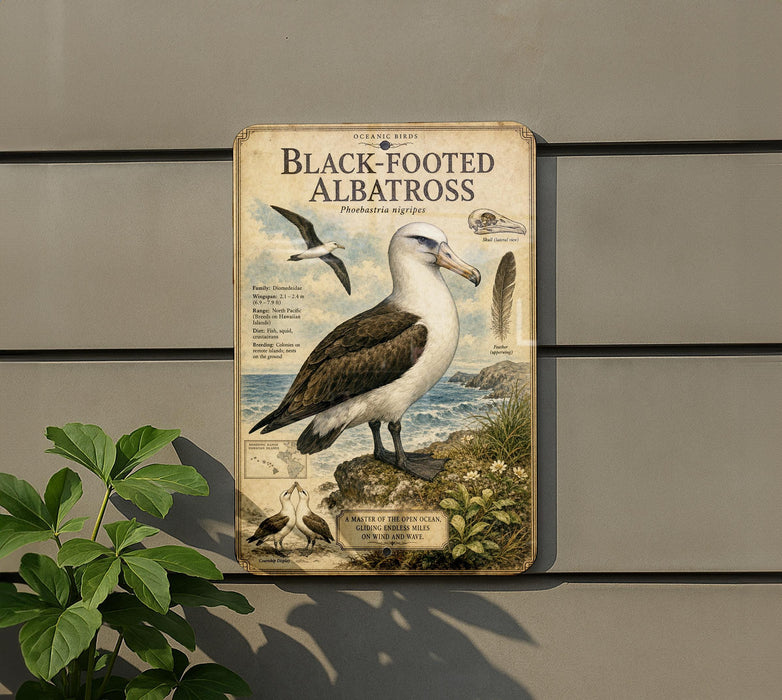 a vintage-style metal plaque with illustrations and text about the Black-footed Albatross, a species of seabird.
