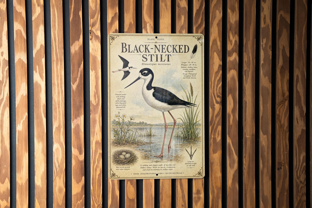 a poster of a black-necked stilt, a type of wading bird, displayed on a wooden wall.