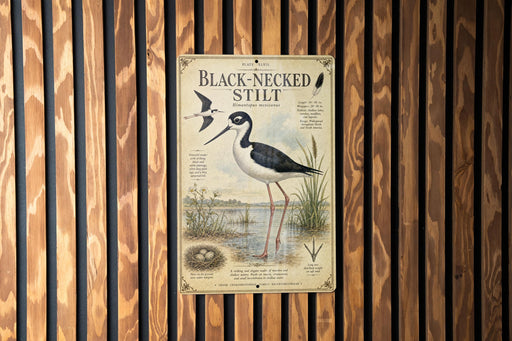 a poster of a black-necked stilt, a type of wading bird, displayed on a wooden wall.