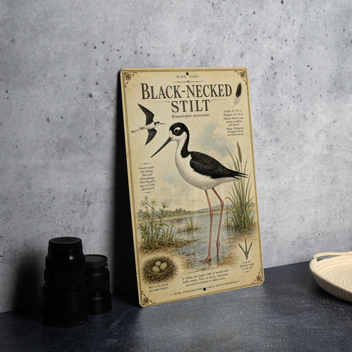 A metal plaque with an illustration of a black-necked stilt bird standing in a wetland environment, accompanied by text and illustrations.
