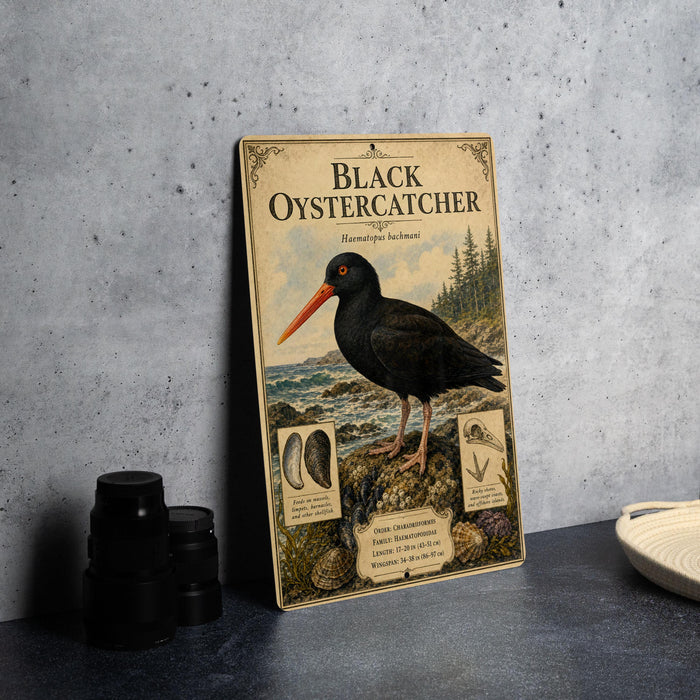 a vintage-style poster of a black oystercatcher, a type of bird, standing on a rock with a backdrop of a forest and ocean.