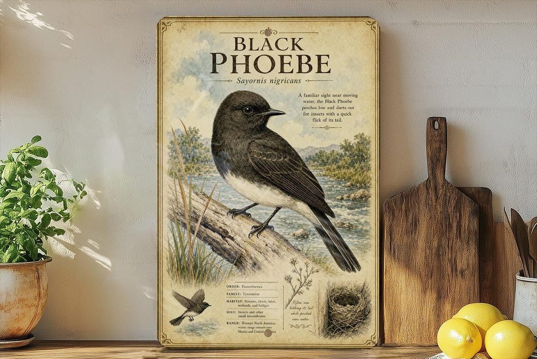 a framed illustration of a black phobe, a small songbird, perched on a branch with a birdhouse and nest depicted below it. The frame is set against a white wall, with a potted plant and a wooden cutting board visible in the background.