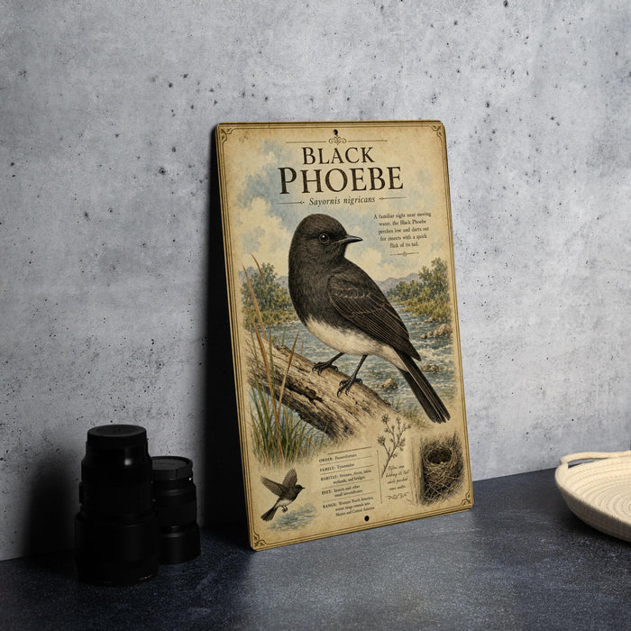 a vintage-style illustration of a black phoebe bird, with text providing information about the species.