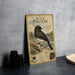 a vintage-style illustration of a black phoebe bird, with text providing information about the species.