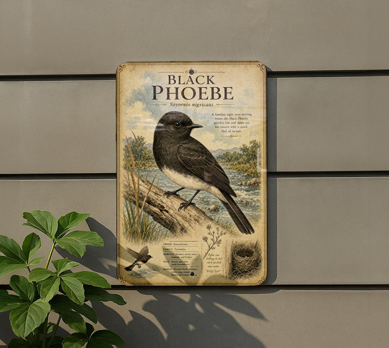 a sign with a black bird, likely a sparrow, perched on a branch. The sign is mounted on a wall and has a vintage-style illustration of the bird.