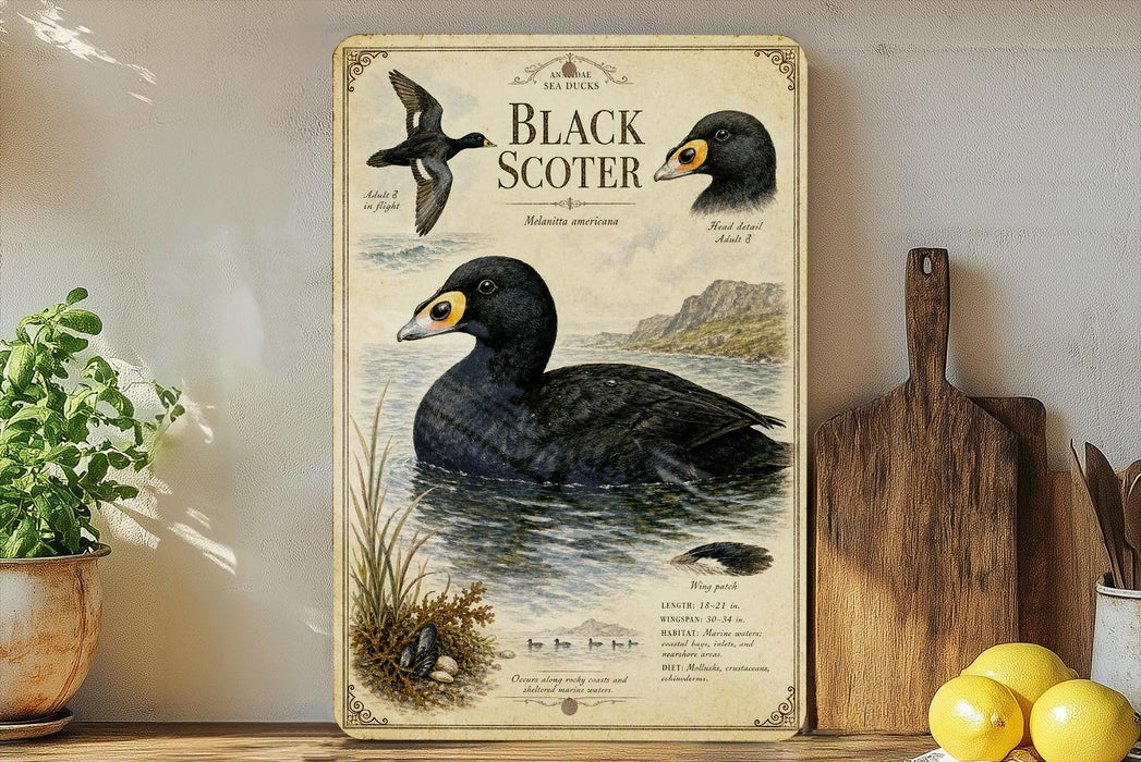 a vintage-style illustration of a black scoter bird, with detailed illustrations of the bird in flight and swimming in water. The illustration is set against a backdrop of a landscape with mountains and a body of water. The image is framed by a decorative border and is displayed on a shelf, with a potted plant and a wooden cutting board visible in the background.