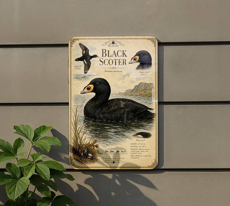 a sign with illustrations and text about the Black Scoter, a type of bird, mounted on a wall.