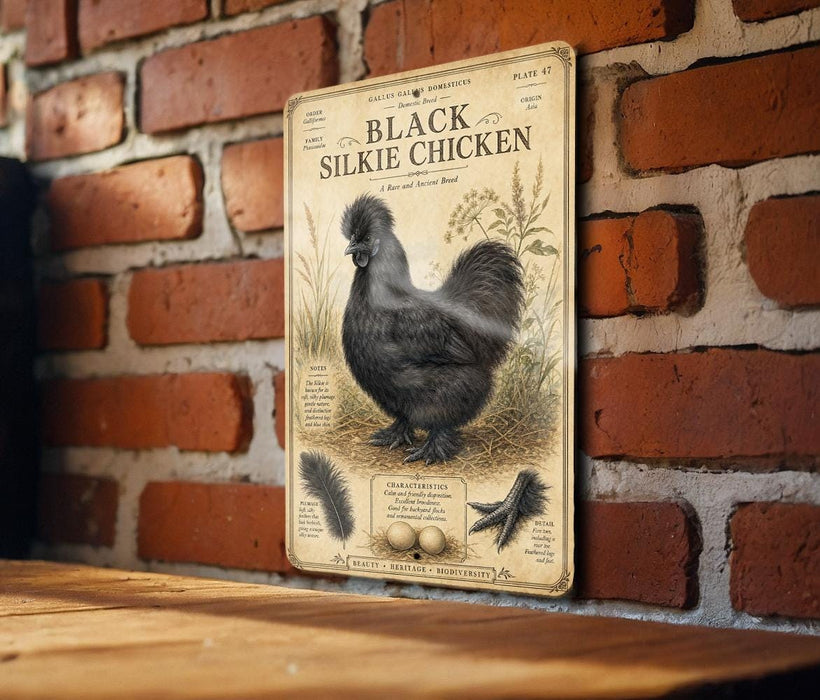 a vintage-style metal sign with a black silhouette of a chicken, mounted on a brick wall.