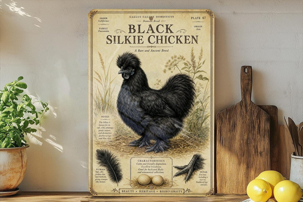 a vintage-style poster or sign with an illustration of a black Silkie chicken, surrounded by various text elements and decorative elements.