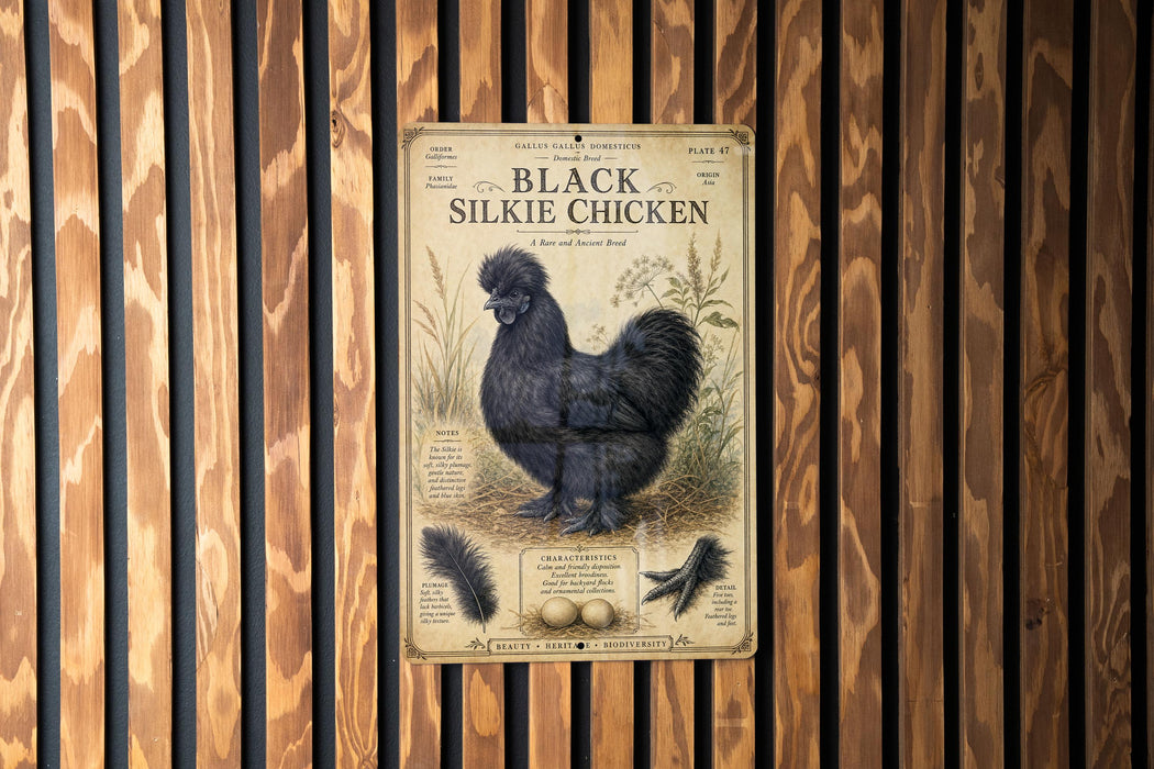a poster of a black Silkie chicken, which is a breed of chicken known for its distinctive black color and curly feathers.