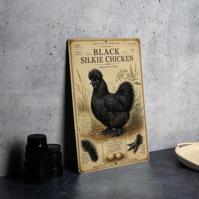 a metal sign with an illustration of a black Silkie chicken, placed on a table next to some black camera lenses.