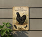 a vintage-style sign with a black chicken illustration, mounted on a wall next to a plant.