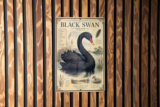 a poster of a black swan, which is mounted on a wooden wall.