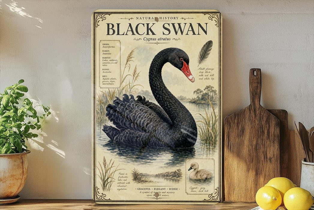 a vintage-style poster of a black swan, with illustrations and text, displayed on a shelf next to a wooden cutting board and some potted plants.