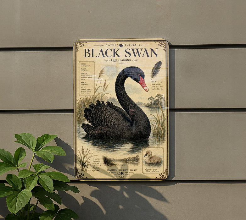 a vintage-style illustration of a black swan, with detailed illustrations and text providing information about the species.