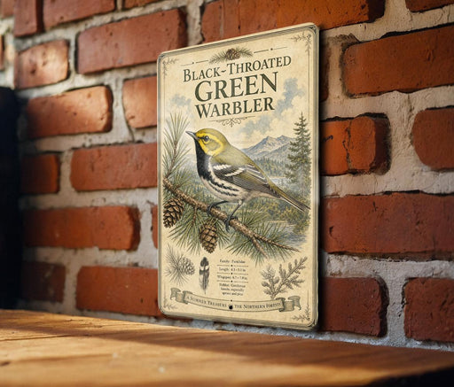 A vintage-style metal sign with a black and white illustration of a bird, likely a warbler, perched on a branch against a brick wall.