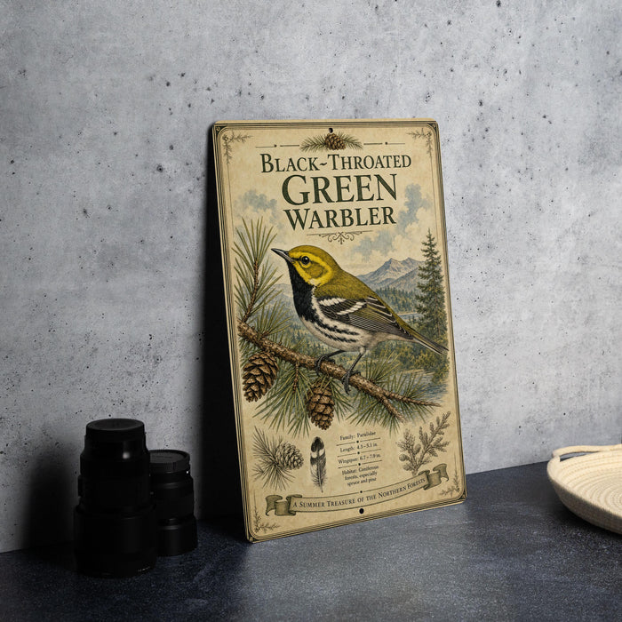 a vintage-style metal sign with a black-throated green warbler illustration, placed on a gray countertop next to some black camera lenses.