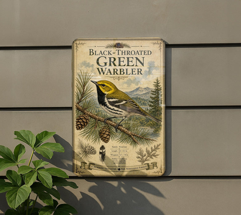 A vintage-style metal sign with a black-throated green warbler illustration, mounted on a gray wall next to a plant.