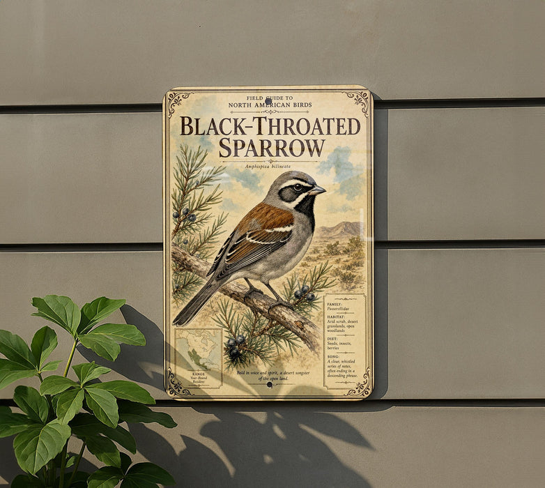 a vintage-style metal sign with a detailed illustration of a black-throated sparrow perched on a branch, surrounded by pine needles and a map of the United States.