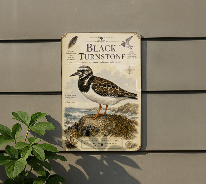 a sign with a bird illustration, mounted on a wall next to a plant.