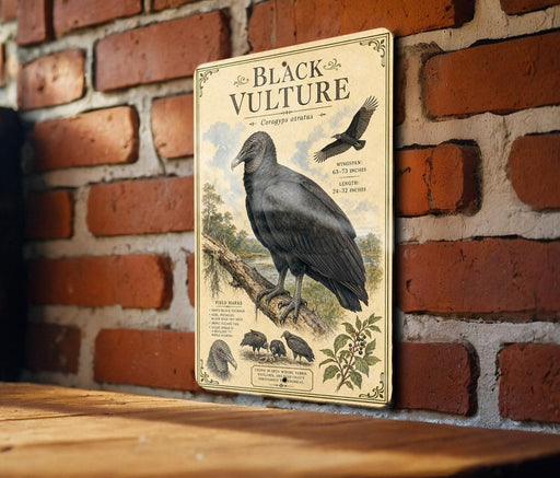 a vintage-style illustration of a black vulture perched on a branch, with additional illustrations of other birds and animals.