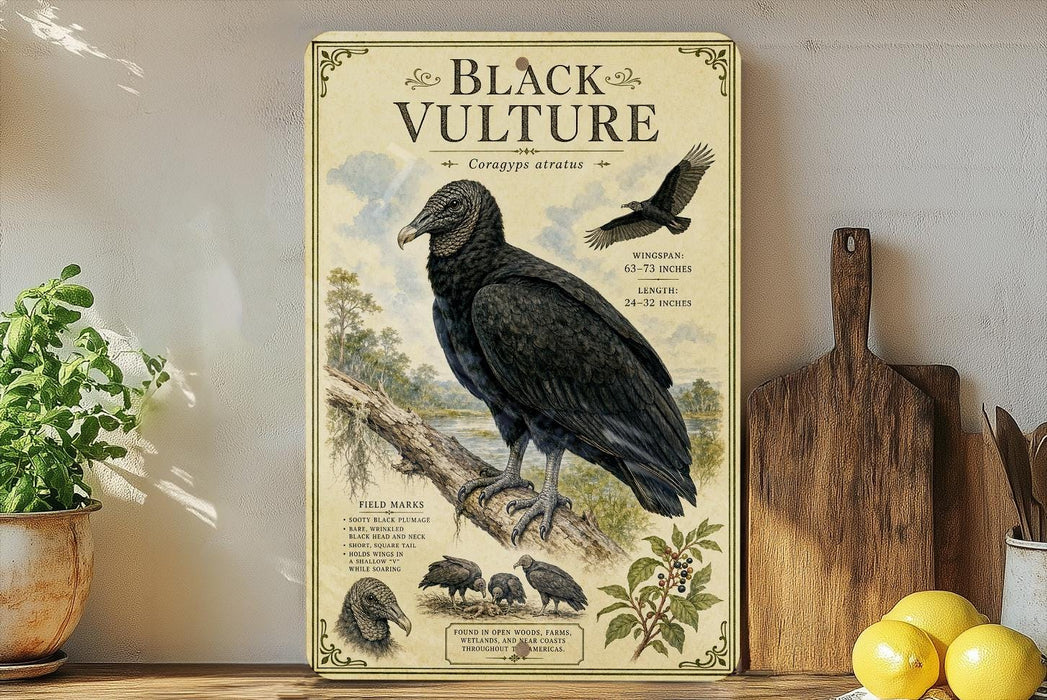a vintage-style poster of a black vulture, mounted on a wall next to a wooden cutting board and some potted plants.