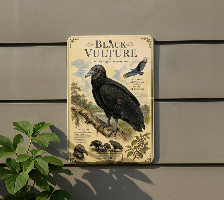 a vintage-style metal plaque with an illustration of a black vulture, mounted on a wall.