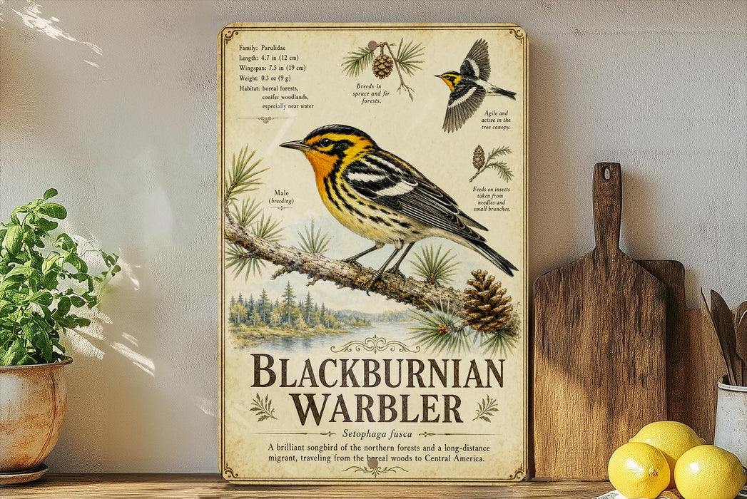 a vintage-style metal sign with illustrations and text about the Blackburnian Warbler, a bird species native to North America.