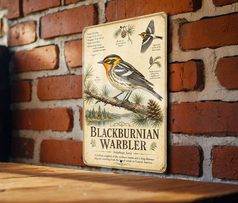A vintage-style metal sign with illustrations of a Blackburnian Warbler perched on a branch, mounted on a brick wall.