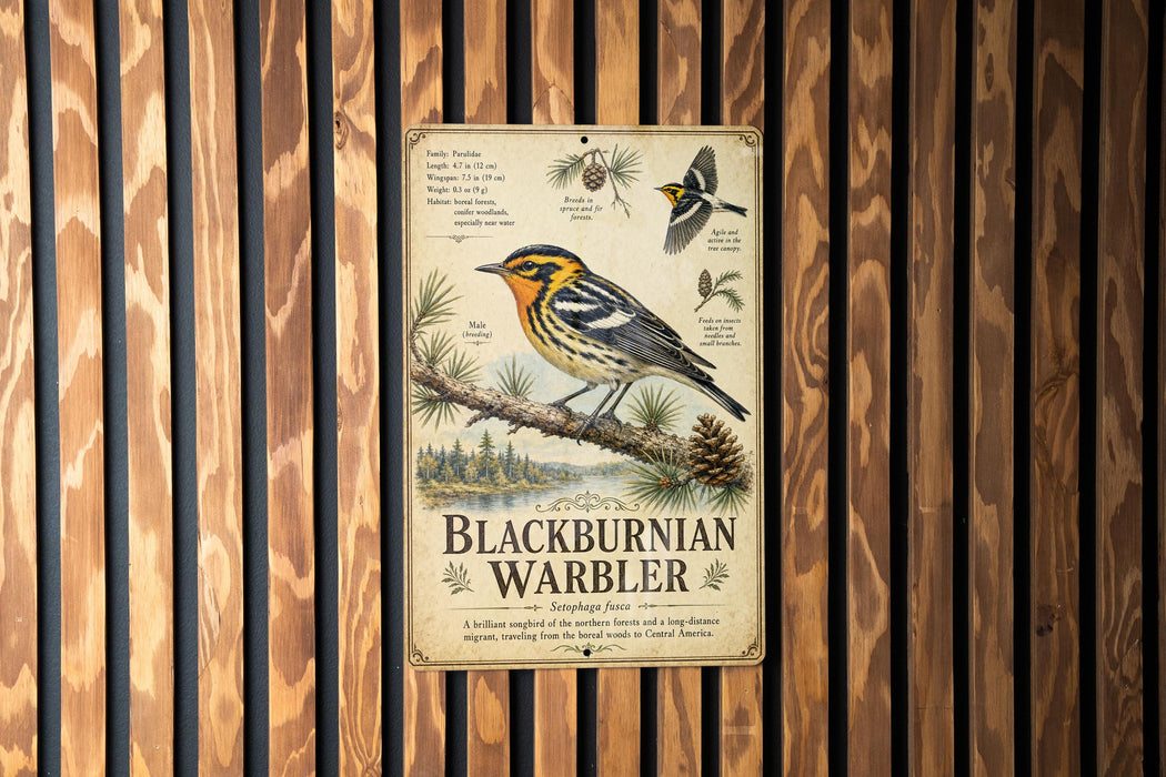a vintage-style metal sign with illustrations and text, mounted on a wooden wall.