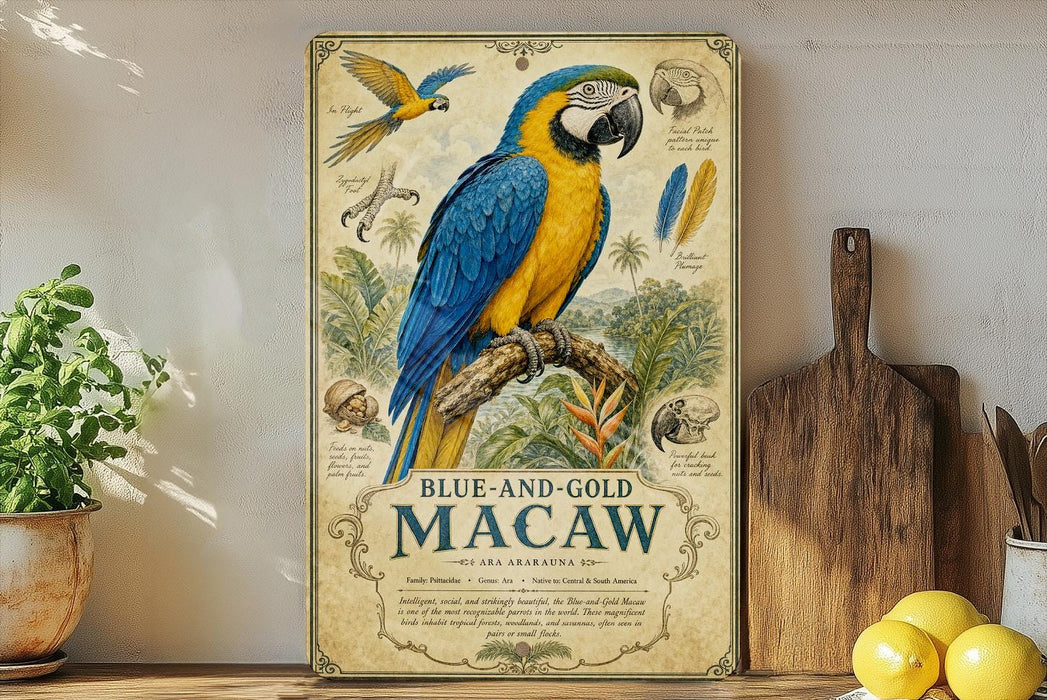 a vintage-style poster of a blue and gold macaw, with illustrations of the bird and its natural habitat, placed on a wooden shelf next to a wooden cutting board and some potted plants.