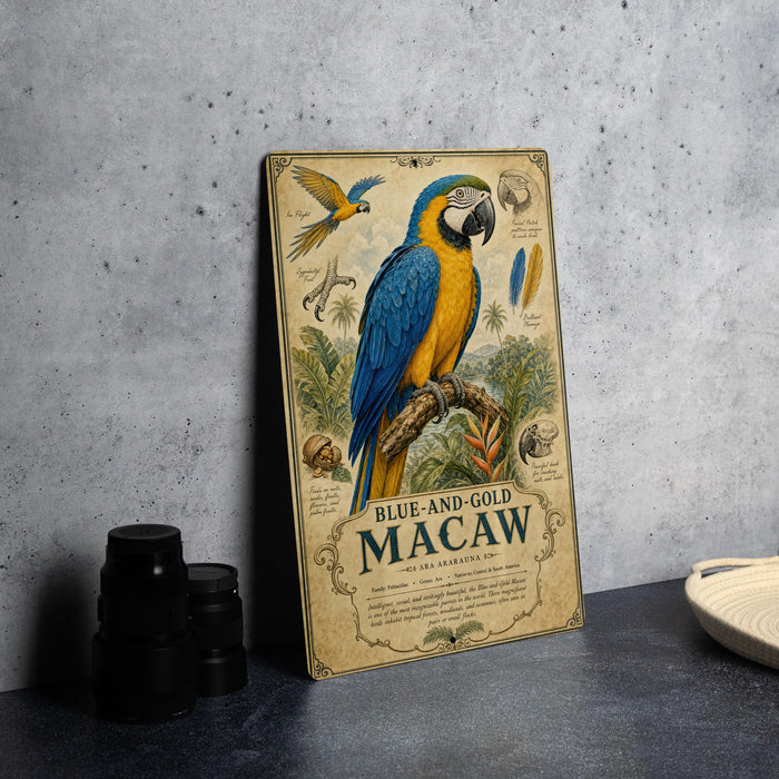 a vintage-style poster of a blue and gold macaw, with illustrations of the bird and its natural habitat.
