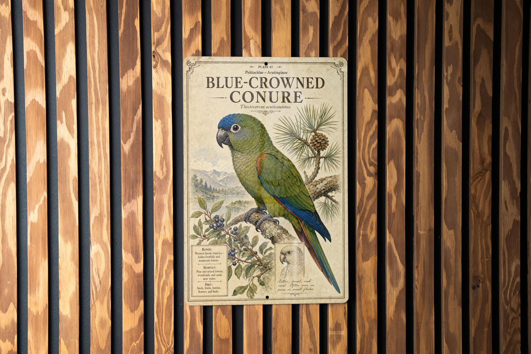 a vintage-style poster of a blue-crowned conure parrot, which is mounted on a wooden wall.