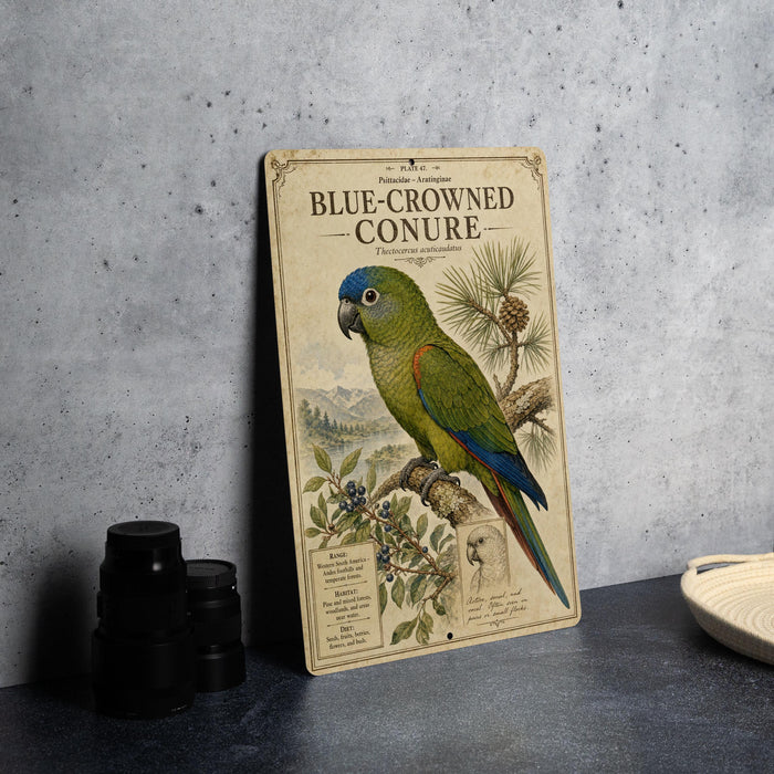 A vintage-style metal sign featuring a colorful parrot, with text and illustrations related to the bird.