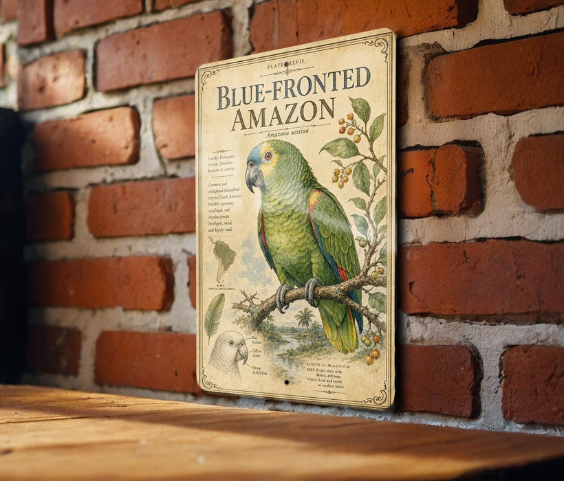 A vintage-style metal sign with a colorful illustration of a parrot, mounted on a brick wall.