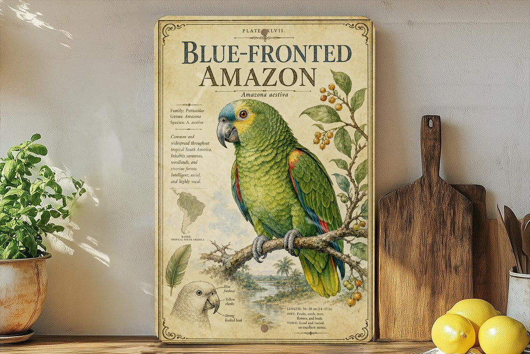 a vintage-style poster of a blue-fronted Amazon parrot, with a detailed illustration of the bird perched on a branch. The poster is displayed on a shelf next to a wooden cutting board and a potted plant, creating a rustic and nature-inspired setting.