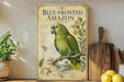 a vintage-style poster of a blue-fronted Amazon parrot, with a detailed illustration of the bird perched on a branch. The poster is displayed on a shelf next to a wooden cutting board and a potted plant, creating a rustic and nature-inspired setting.