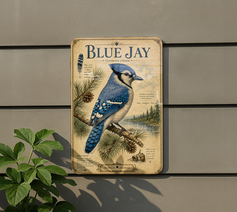 A vintage-style metal sign featuring a blue jay bird, pine cones, and pine needles, mounted on a wall.