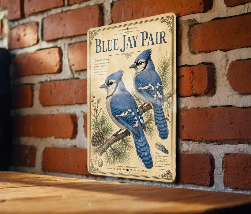 A vintage-style metal sign featuring illustrations of two blue jays perched on a branch, mounted on a brick wall.