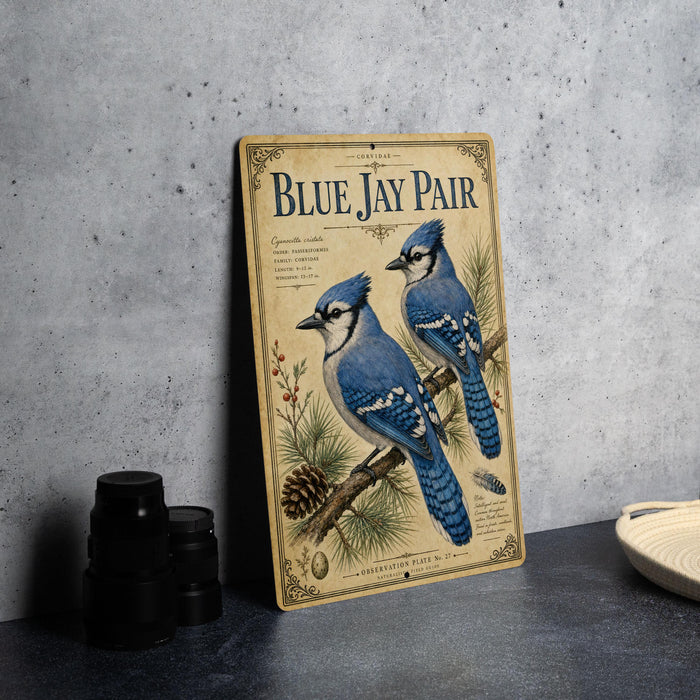 A vintage-style metal sign featuring illustrations of two blue jays perched on a branch, with text describing the birds.