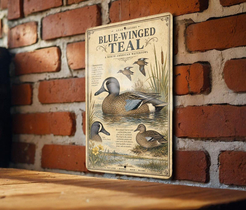 a vintage-style metal sign with illustrations of blue-winged teal ducks, mounted on a brick wall.