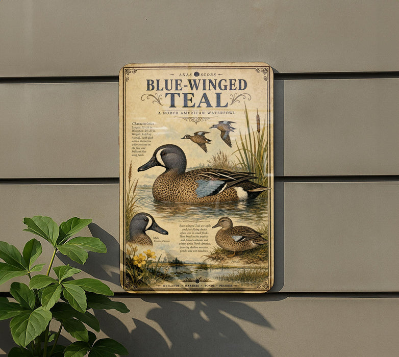 a vintage-style metal sign with illustrations of blue-winged teal ducks, mounted on a wall next to a plant.