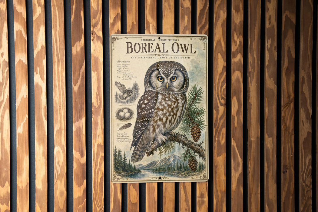 a poster of a real owl, with a detailed illustration of the bird and its natural surroundings.