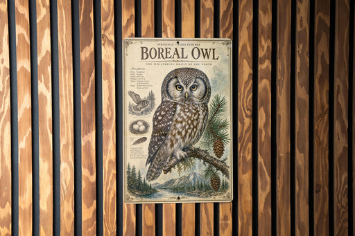 a poster of a real owl, with a detailed illustration of the bird and its natural surroundings.