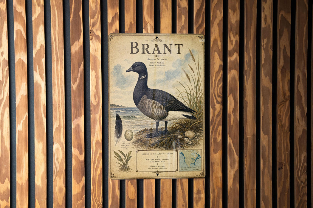 A vintage-style illustration of a brant goose is displayed on a wooden wall, with a map and text below it.