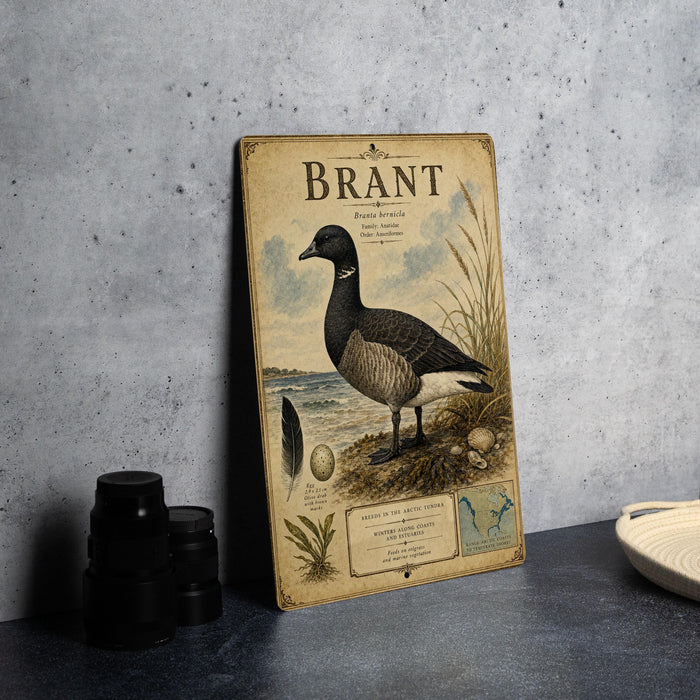 A vintage-style illustration of a brant bird, with text and various bird-related elements, is displayed on a wall.